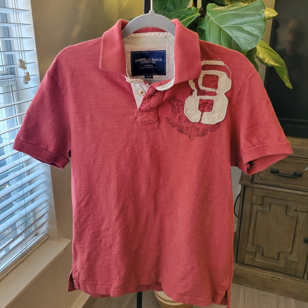 American Eagle Outfitters Mens Red Slub Polo Shirt Distressed 8 Graphic Medium